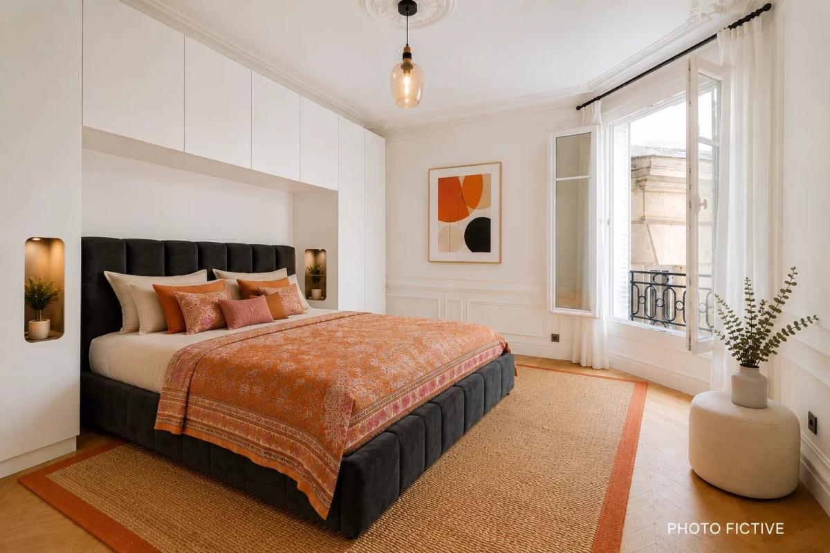Bedroom in a modern apartment with a king-size bed and elegant decor in Paris.
