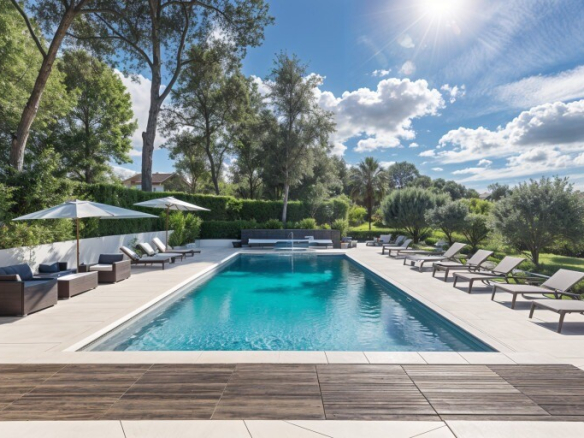Swimming pool surrounded by sun loungers and parasols in a green garden.