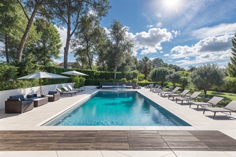 Swimming pool in a garden in Biot Swimming pool surrounded by sun loungers and parasols in a green garden.