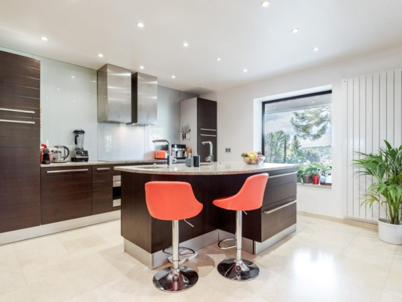 Modern kitchen with central island and bar, potted plants in the window.