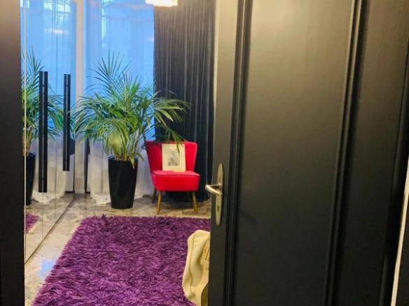Vue intérieure d'un duplex avec un tapis violet, une chaise rouge et des plantes, Strasbourg.