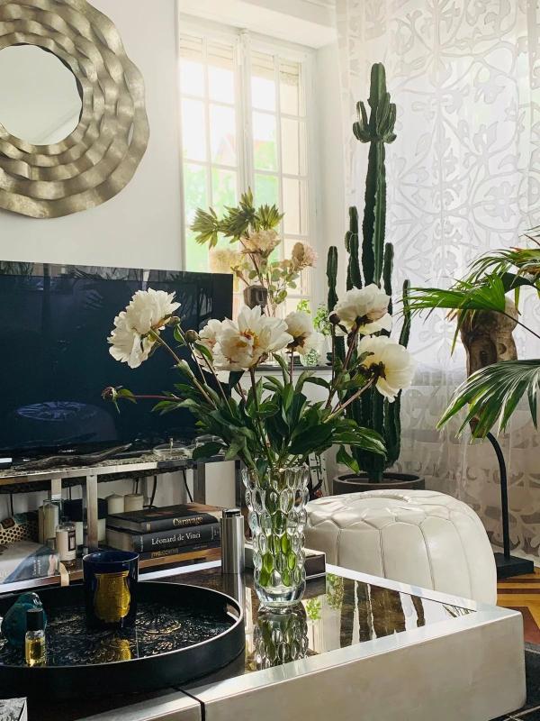 Intérieur d’un duplex à Strasbourg Intérieur d'un duplex avec un vase de fleurs blanches sur une table, plantes et télévision en arrière-plan.