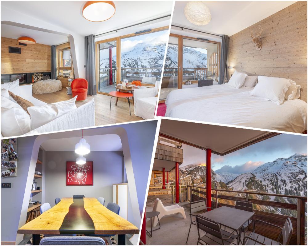 Duplex élégant à Avoriaz Intérieur d'un duplex élégant avec vue sur les montagnes à Avoriaz, incluant salon, chambre et salle à manger.