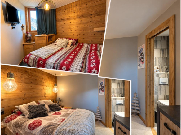 Interior of a duplex apartment in Morzine with two bedrooms, wood decor and bathroom.