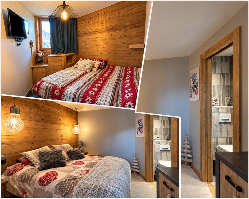 Duplex apartment in Morzine Interior of a duplex apartment in Morzine with two bedrooms, wood decor and bathroom.