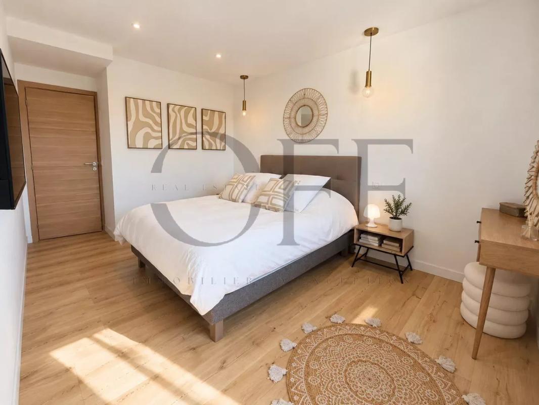 Elegant bedroom in a contemporary villa Room in a contemporary villa with double bed and modern decor in Le Rove.