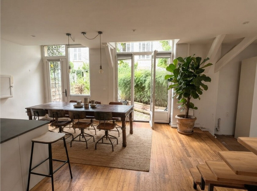Intérieur d’une maison atypique à Paris Intérieur d'une maison atypique à Paris avec une grande table en bois et des baies vitrées ouvertes sur un jardin.