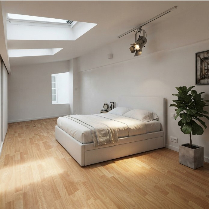 Chambre moderne et lumineuse Chambre lumineuse avec lit double et parquet en bois, éclairée par un puits de lumière.