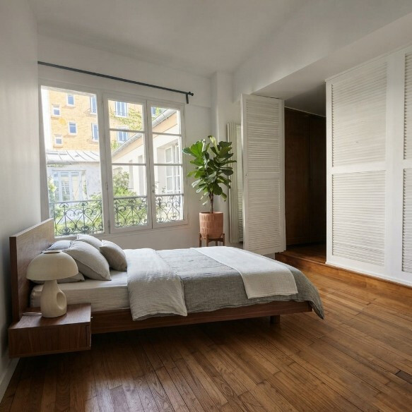 Chambre dans une maison à Paris 19ème Chambre lumineuse avec lit, plantes et fenêtres à Paris 19ème.