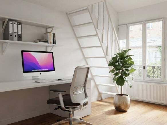 Intérieur d'une maison avec bureau, chaise et plante verte, lumière naturelle à Paris.