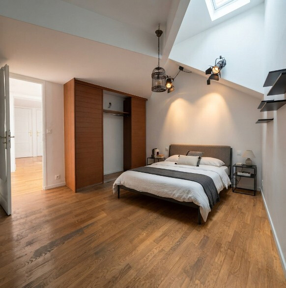 Chambre d’une maison atypique à Paris Chambre d'une maison atypique à Paris 19ème, avec lit, parquet en bois et lumière naturelle.