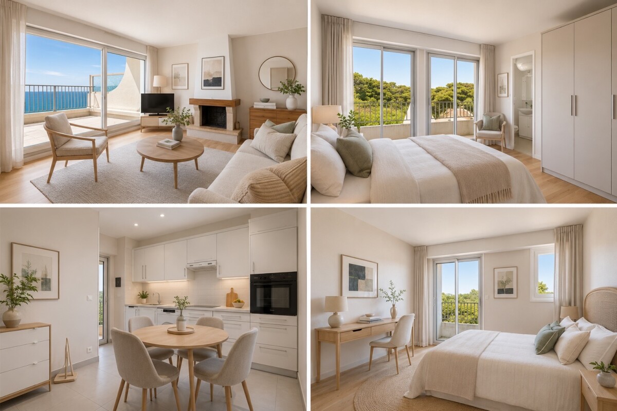 Appartement face mer à La Baule-Escoublac Appartement moderne avec vue sur la mer, salon lumineux, chambre et cuisine dans une résidence à La Baule-Escoublac.
