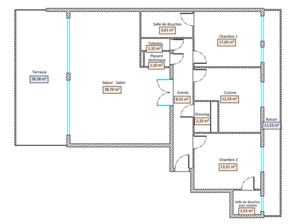 Plan d'un appartement de 101 m² à La Baule-Escoublac avec terrasse et pièces détaillées.