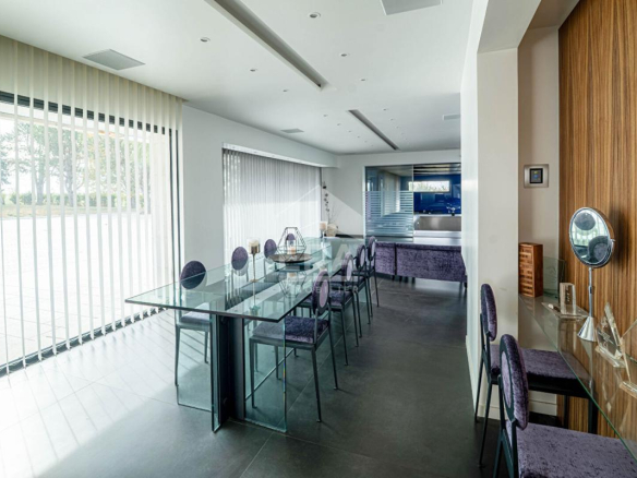 Intérieur d'une maison d'architecte moderne avec salle à manger et cuisine ouverte.