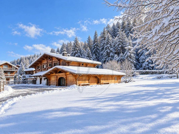 Chalet en bois sous la neige à Megève, entouré d'arbres et de terrain enneigé.