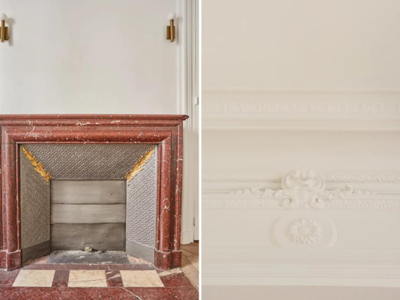 Cheminée en marbre et moulures au plafond dans un appartement à Paris 8ème.