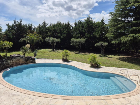 Piscine entourée d'un jardin verdoyant dans une propriété à Saint-Aunès.