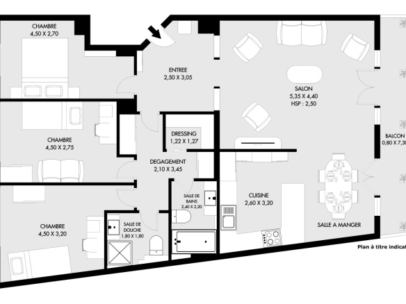 Plan d'un appartement de 95.81 m² avec 3 chambres, salon, cuisine et salle à manger.