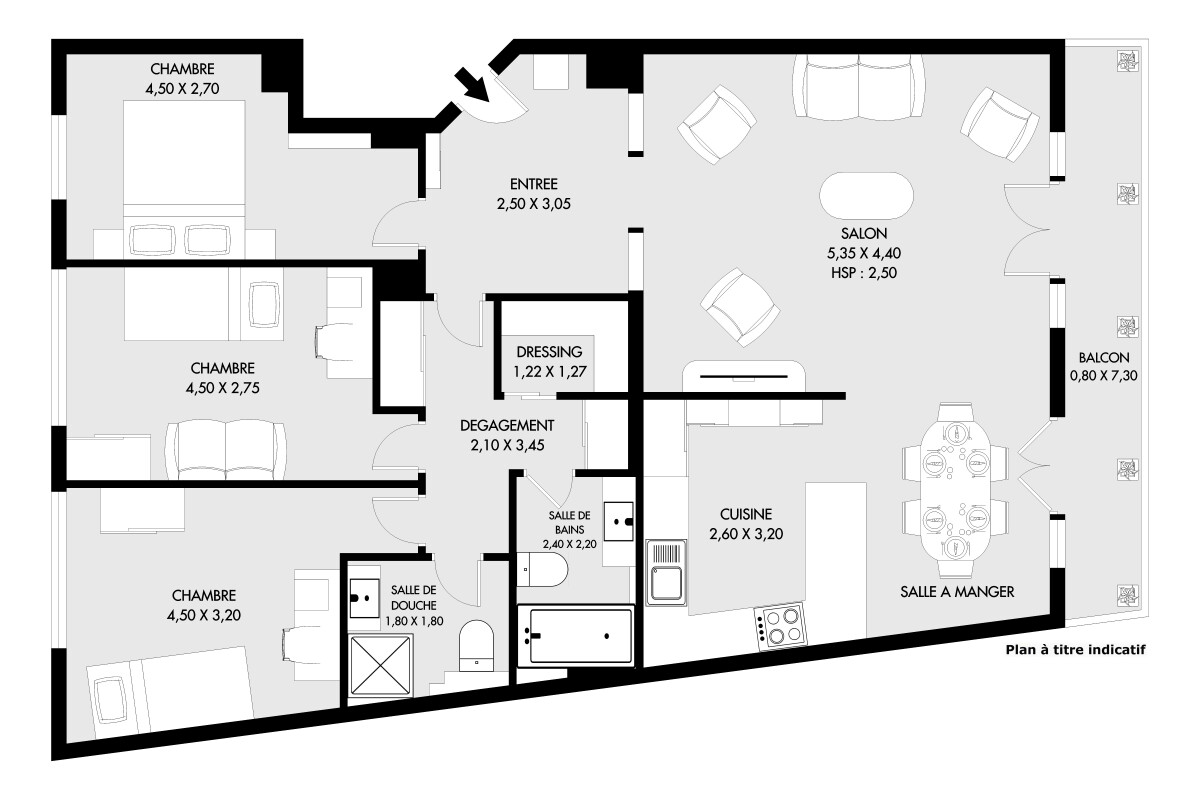 Plan de l’appartement rénové à Paris 15ème Plan d'un appartement de 95.81 m² avec 3 chambres, salon, cuisine et salle à manger.