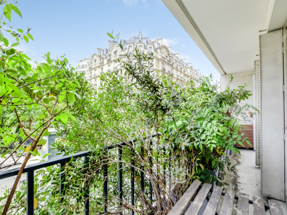 Balcon verdoyant d'un appartement à Paris 15ème avec vue dégagée sur un immeuble.