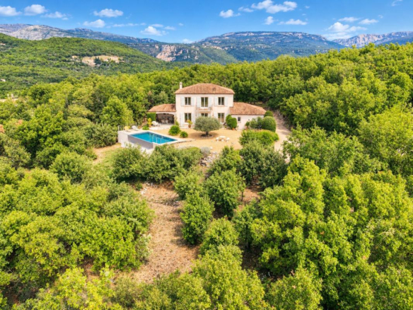 Vue aérienne d'une villa entourée de verdure avec piscine, située dans le canton de Fayence.
