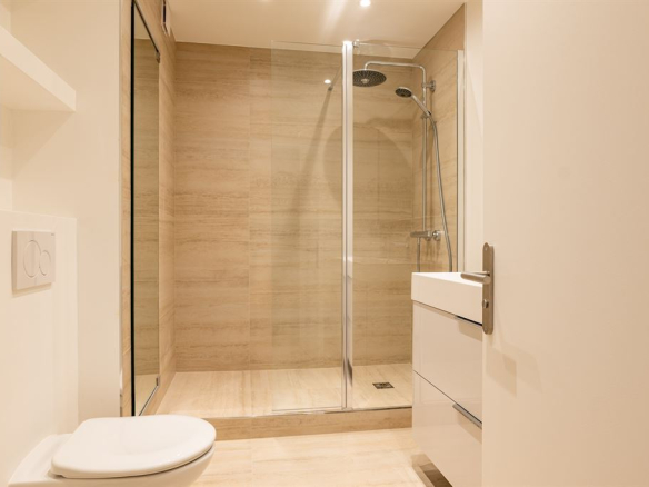 Modern bathroom with walk-in shower and storage unit.
