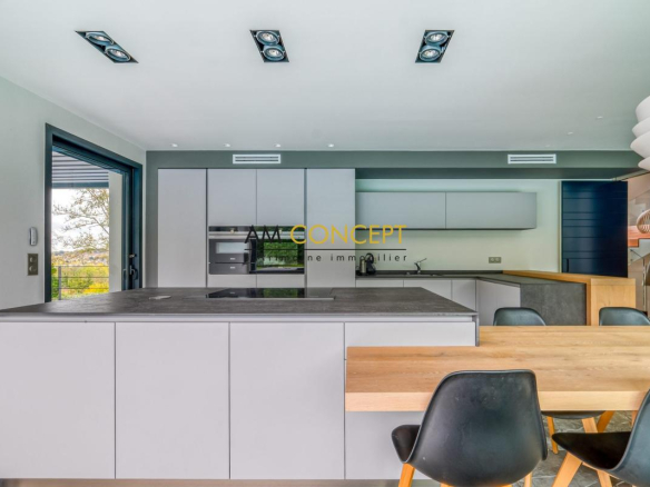 Cuisine moderne avec un îlot central et un espace repas, baignée de lumière naturelle.