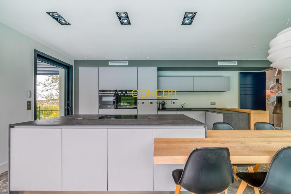 Cuisine contemporaine d’une maison d’architecte à Chessy Cuisine moderne avec un îlot central et un espace repas, baignée de lumière naturelle.