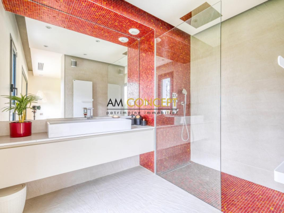 Salle de bains moderne avec douche à l'italienne et lavabo sur meuble.