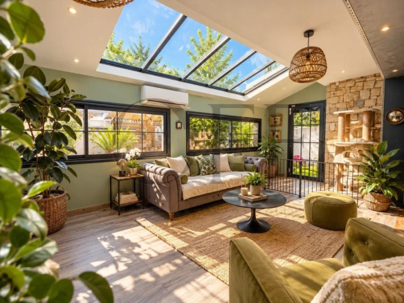 Intérieur d'une villa de plain-pied avec salon lumineux et véranda, Marseille 13e.