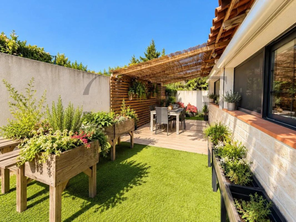 Terrasse verdoyante avec mobilier de jardin et plantations, ensoleillée, dans une villa de plain-pied à Marseille.
