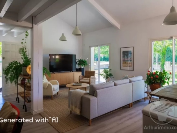 Intérieur d'une maison spacieuse avec salon lumineux et mobilier moderne.