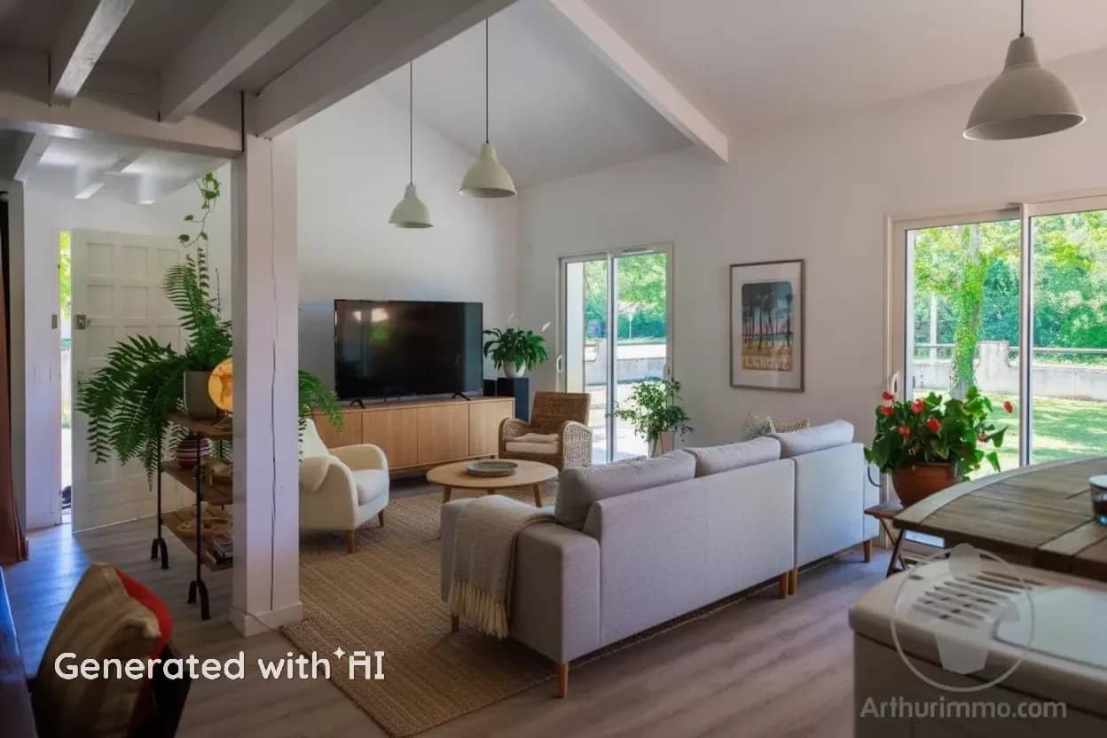 Intérieur d’une maison spacieuse à Sanguinet Intérieur d'une maison spacieuse avec salon lumineux et mobilier moderne.