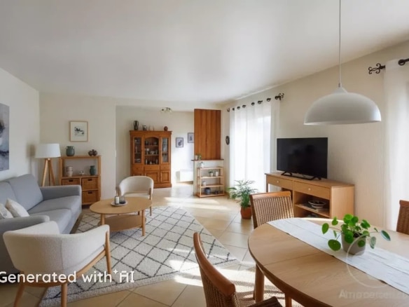 Interior of a house with living room, dining room and television, natural lighting