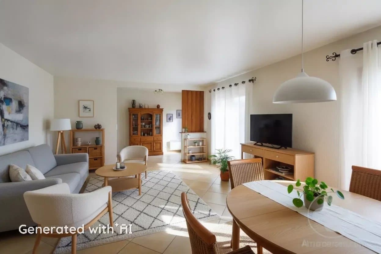 Interior of a house with living room, dining room and television, natural lighting