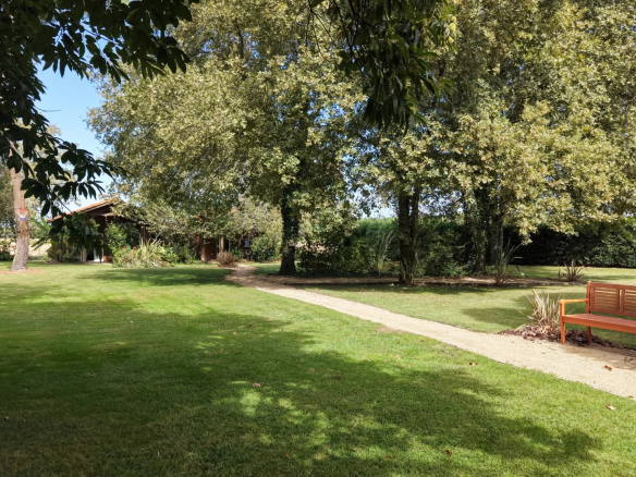 Wooded garden with path and bench, property with cottages in Liposthey.