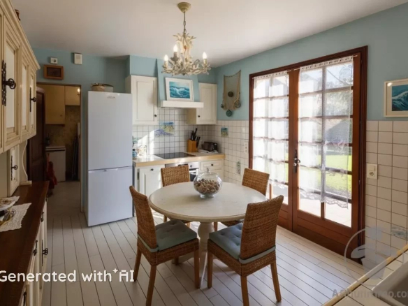 Cuisine lumineuse d'une maison familiale à Biscarrosse Plage, avec table ronde et accès au jardin.