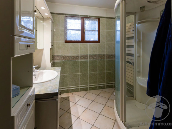 Salle de bain avec douche, lavabo et miroir, carrelage au sol, fenêtres à l'arrière.