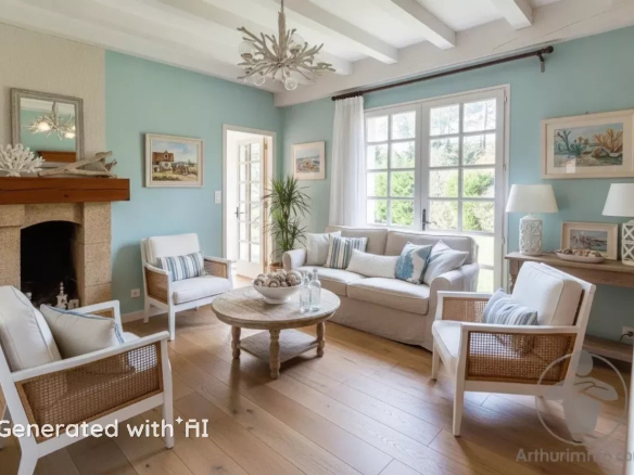 Intérieur d'une maison familiale à Biscarrosse Plage, salon lumineux avec mobilier confortable.
