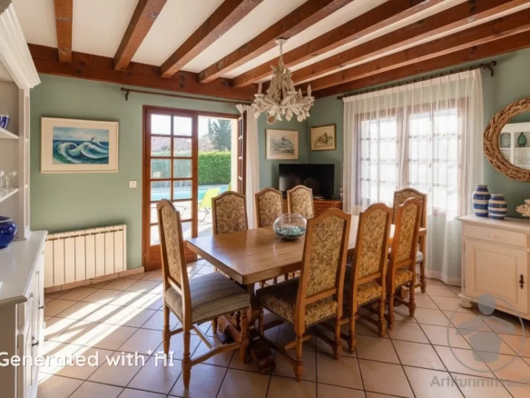Salle à manger d'une maison familiale à Biscarrosse Plage avec table en bois et chaises décorées.
