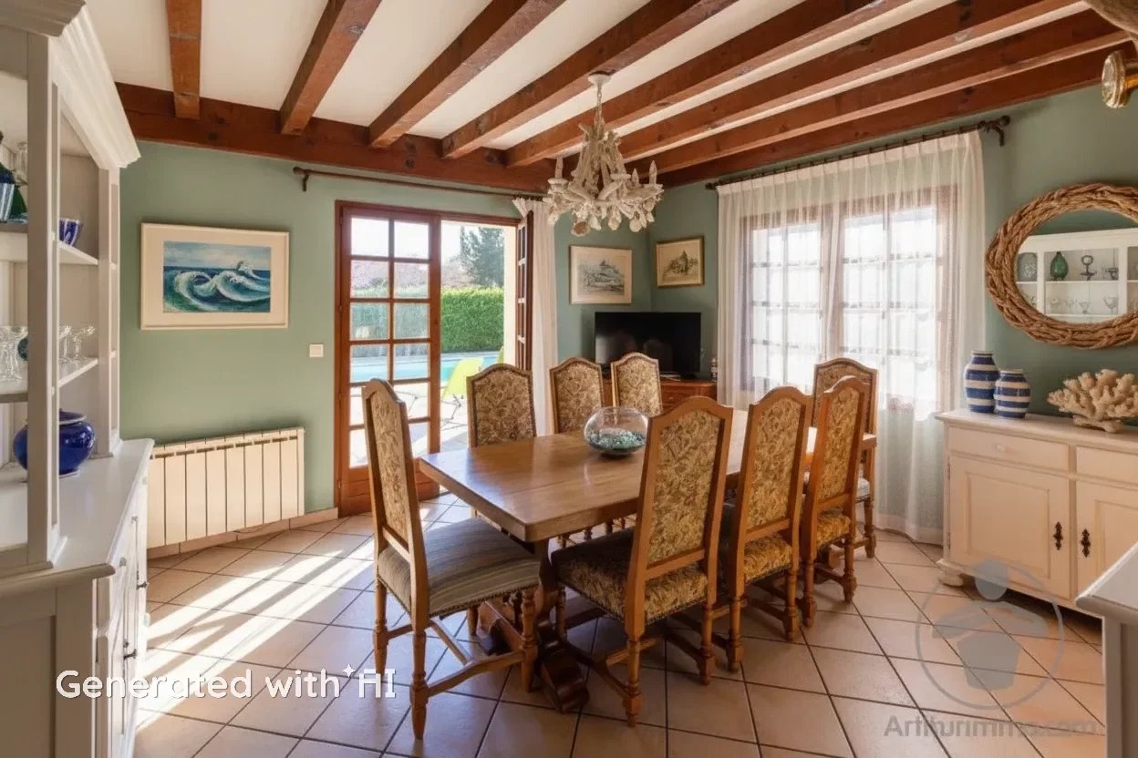 Salle à manger familiale à Biscarrosse Plage Salle à manger d'une maison familiale à Biscarrosse Plage avec table en bois et chaises décorées.