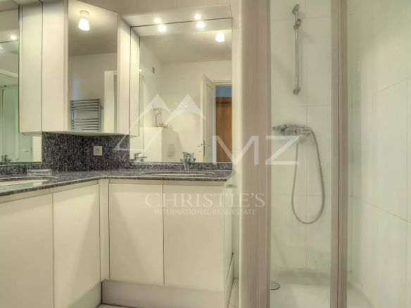 Modern white bathroom featuring a granite countertop, mirrored cabinets, and a glass-enclosed shower with a handheld showerhead; watermark text visible across the center.