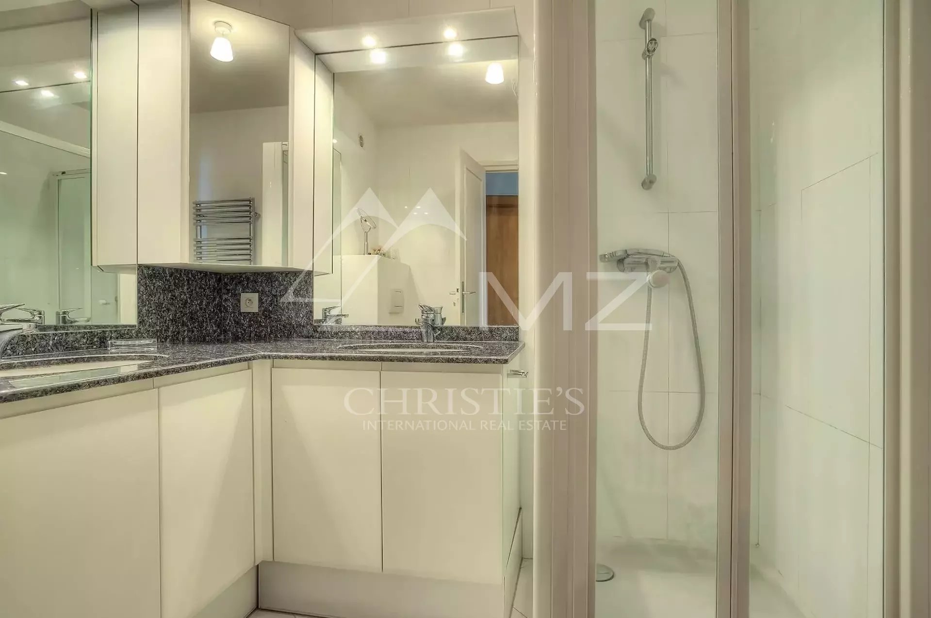 Modern white bathroom featuring a granite countertop, mirrored cabinets, and a glass-enclosed shower with a handheld showerhead; watermark text visible across the center.