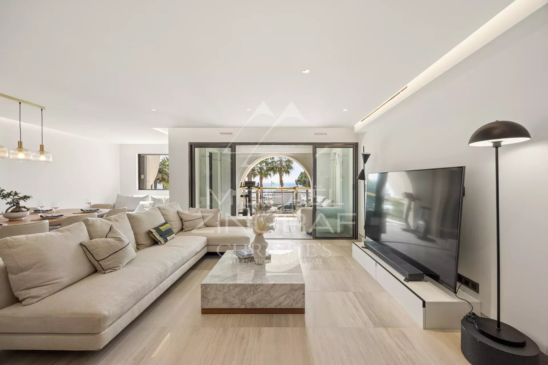 Luxury apartment in Cannes Interior of a luxury apartment in Cannes with sea view, modern and bright living room.
