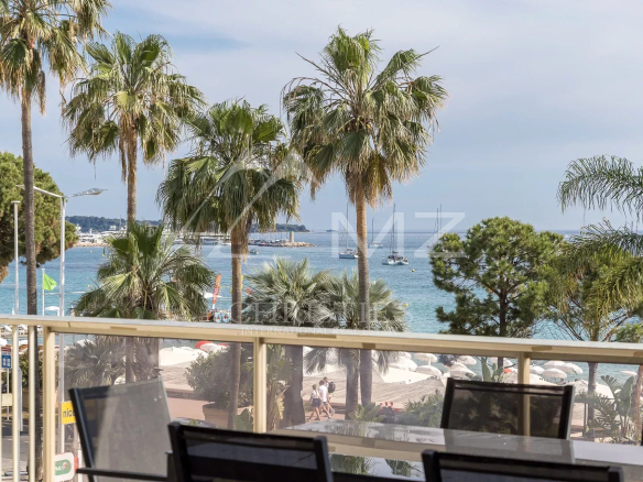 Vue panoramique sur la mer depuis une terrasse avec des palmiers à Cannes.