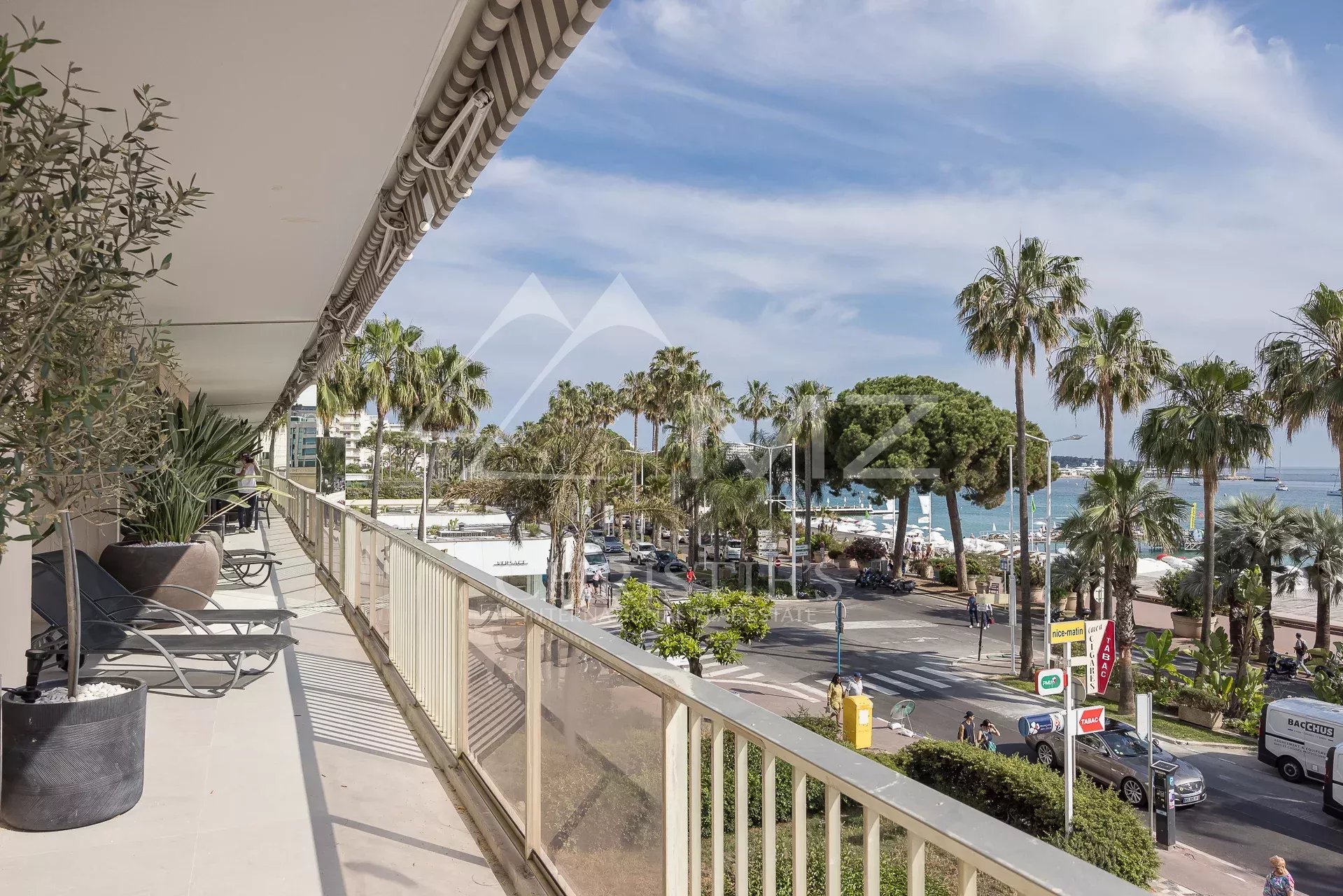 Vue de la terrasse d'un appartement sur la Croisette à Cannes, avec palmier et mer en arrière-plan.