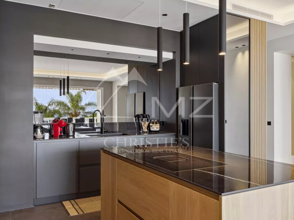 Cuisine moderne d'un appartement luxueux à Cannes, avec îlot central et équipements haut de gamme.