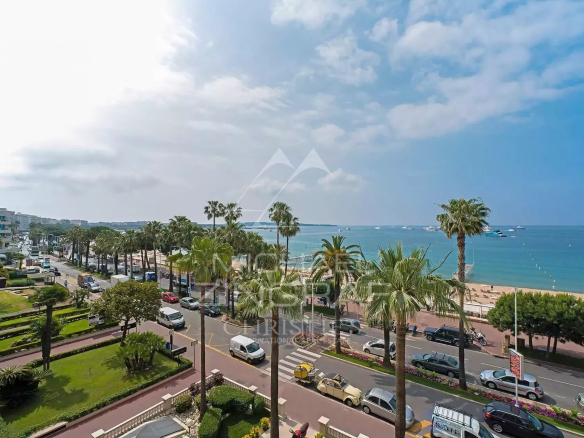 Vue panoramique de la Croisette à Cannes avec des palmiers et la mer en arrière-plan.