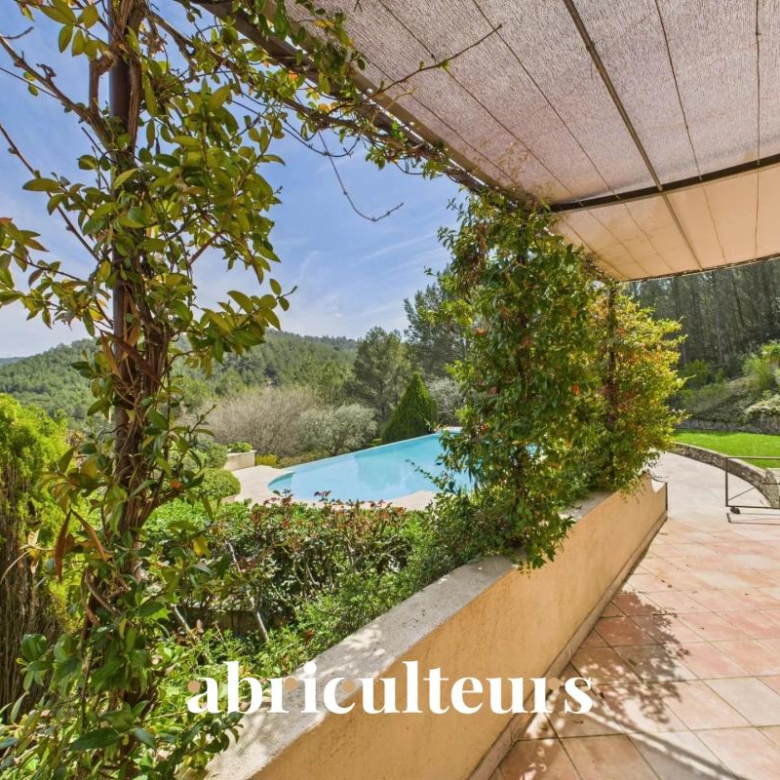 Terrace with ivy-covered archway overlooking a rectangular pool and green hills in the distance.