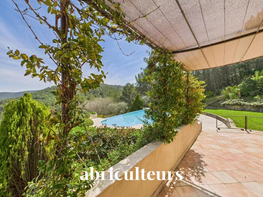 Terrace with ivy-covered archway overlooking a rectangular pool and green hills in the distance.
